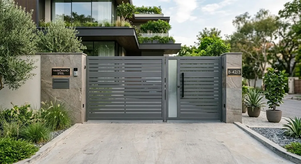 Modern Aluminium Profile Main Gate with Horizontal Slats in Grey Finish