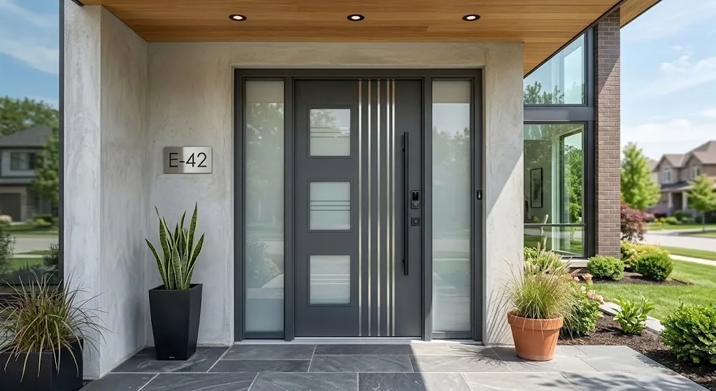 Modern Steel Entrance Door with Glass Panels and Stainless Steel Strip Accents