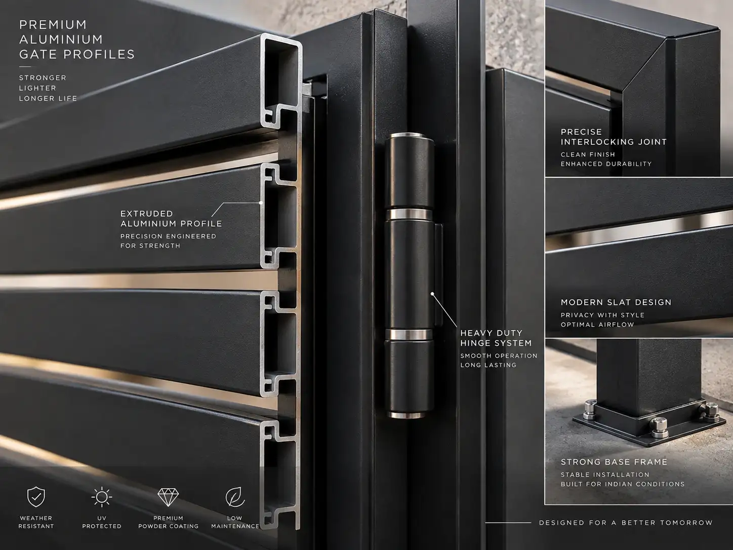 Close-up view of extruded aluminium profile gate sections showing powder-coated matte finish and frame joints