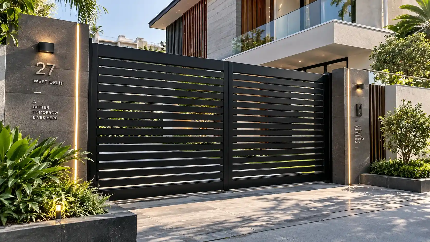 Modern black powder-coated aluminium profile main entrance gate installed at a luxury house in Delhi